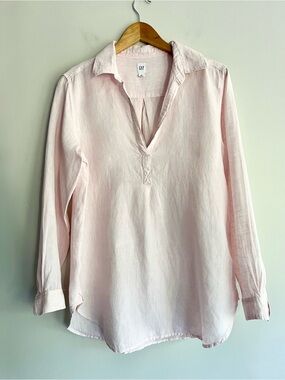 GAP Light Pink V-Neck Long Sleeve Linen Tunic Popover Shirt Medium
